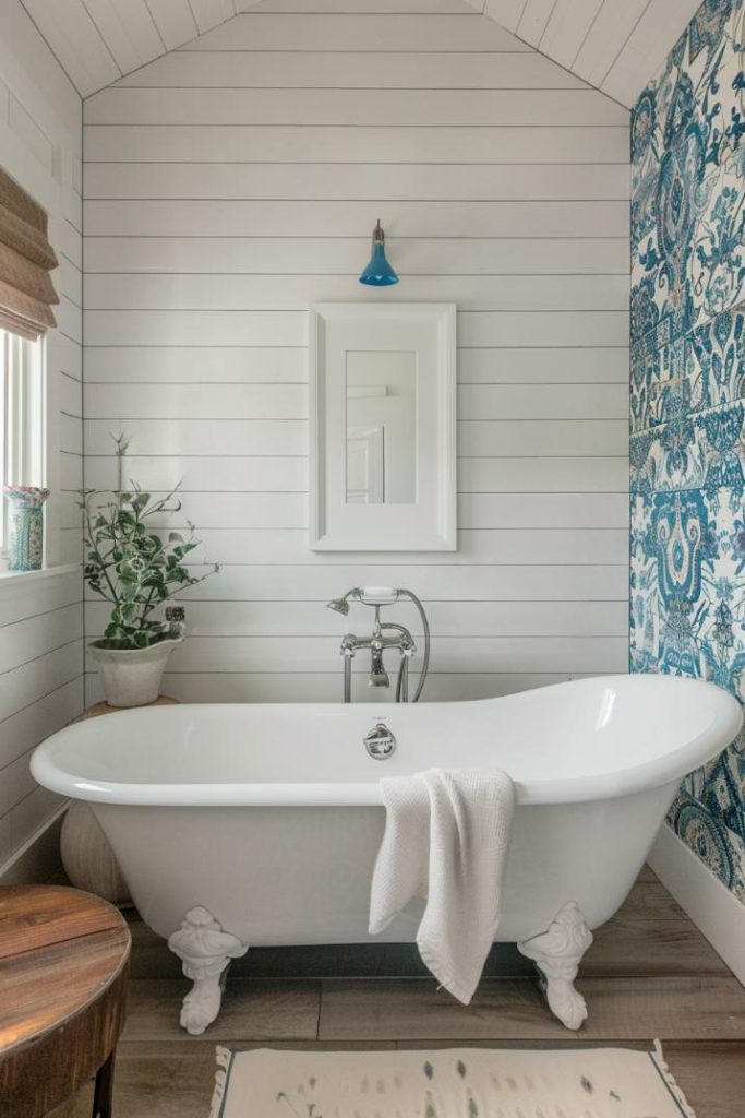 In this bathroom, wallpaper pattern, inspired by tiles in a hut style, throws the room and merged a picturesque hut magic with the pretty simplicity of farmhouse life.