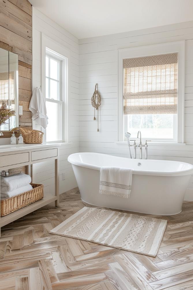 Distributed wooden floor tiles in a fishing bone pattern provide the farmers' pool of classic craftsmanship and are the perfect canvas for a white bathtub and light wood accessories.