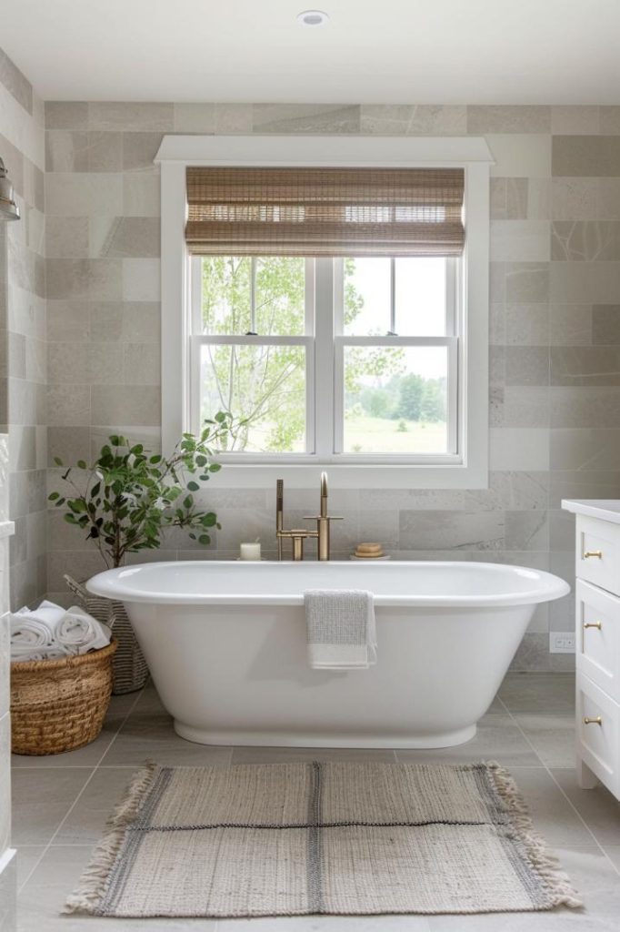 Combine structured beauty with a calm neutral palette with these light gray stone tiles. 