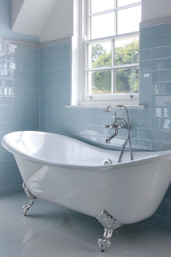 In this bathroom, gentle blue tiles bring the rituals of the bath daily and a classic white bathtub to cause the colors of the sky.   