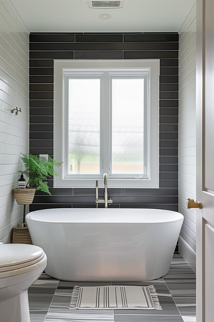 Except the fascinating attraction of elegant stripes in which the bold, dramatic stripes of black tiles on an accent wall emphasize a modern farmhouse mood with a strong visual influence that attracts attention. 