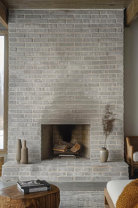 There is simplicity with this gray brick fireplace, in which simple brick and a minimal decor create a calm focus.