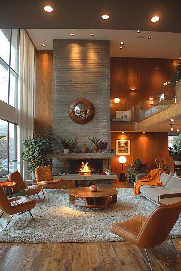 A modern living room with high ceilings has a fireplace, brown leather chairs, a couch, a wooden coffee table, plants and contemporary lighting.