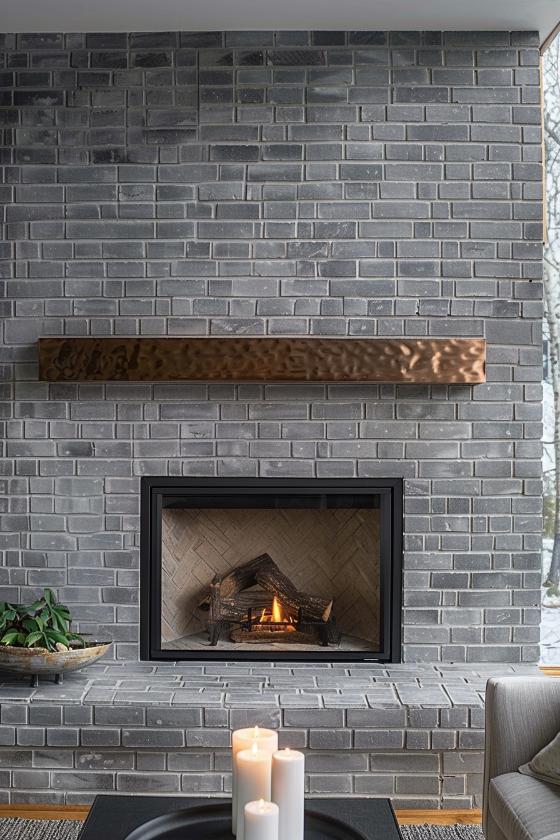 The cool gray bricks, paired with a metallic coat, bring an industrial but chic flair into the fireplace and embody a perfect balance between shape and function.