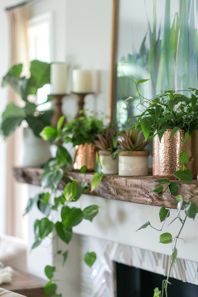 In a seamless fusion of nature and design, harmonious arrangements of lush green in bright copper vessels sit on a chunky, raw wooden coat and create a calm sanctuary above her fireplace.