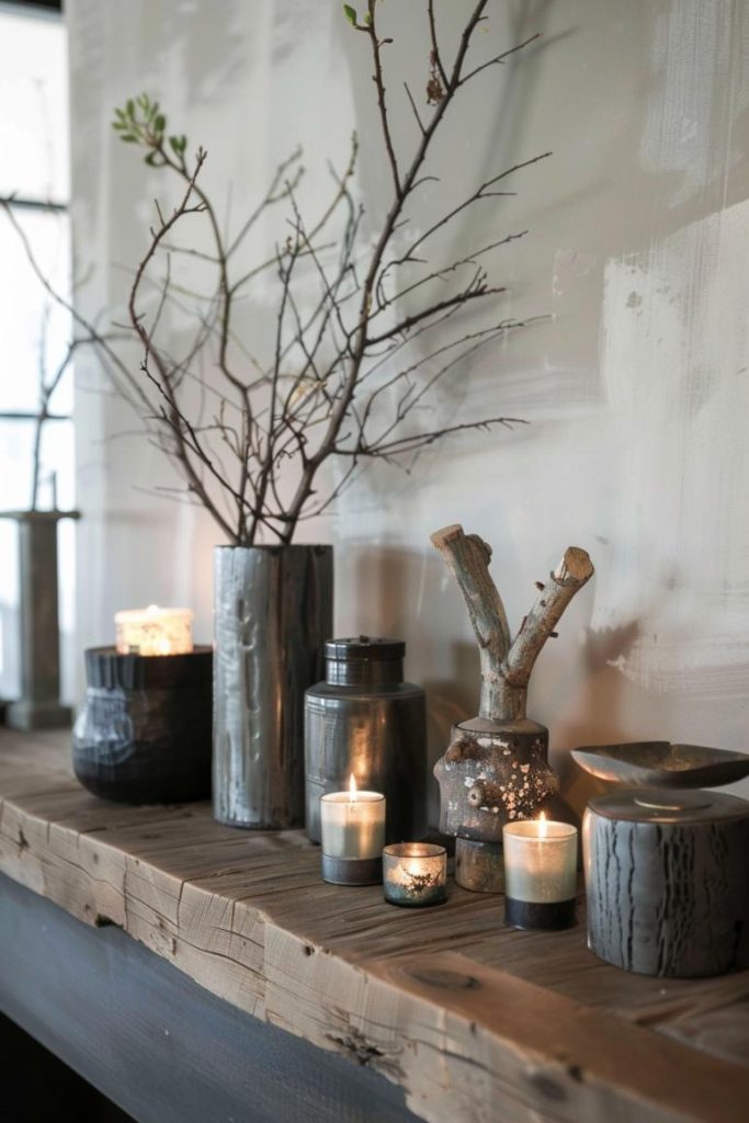 Top it with metal candle holders or small metal sculptures to create an industrial edge that effortlessly harmonizes heat with contemporary stimulus.