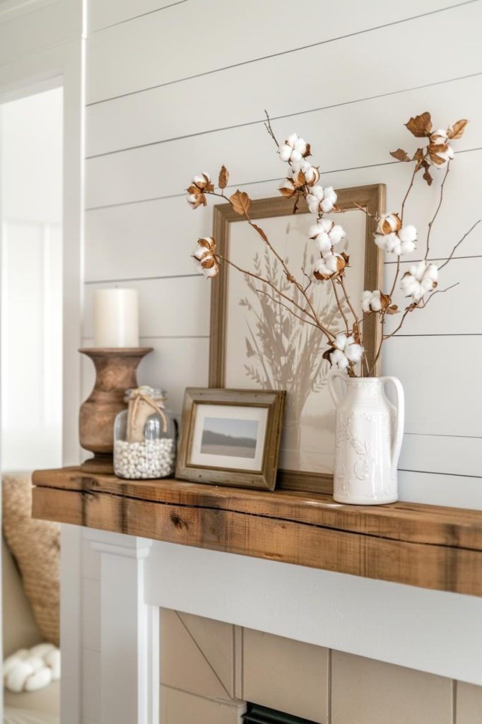 The wooden mantle in the farmhouse style exudes a fresh and friendly charm and radiates warmth, supplemented by rustic chic decor such as vintage-framed photos and jostles that are filled with cotton trunks that embody the essence of farmhouse life.