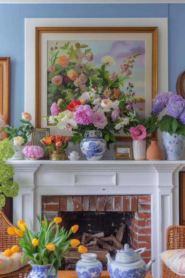 Lush botanicals, shells of floating flowers and ancient floral prints give the room living cheerful color.