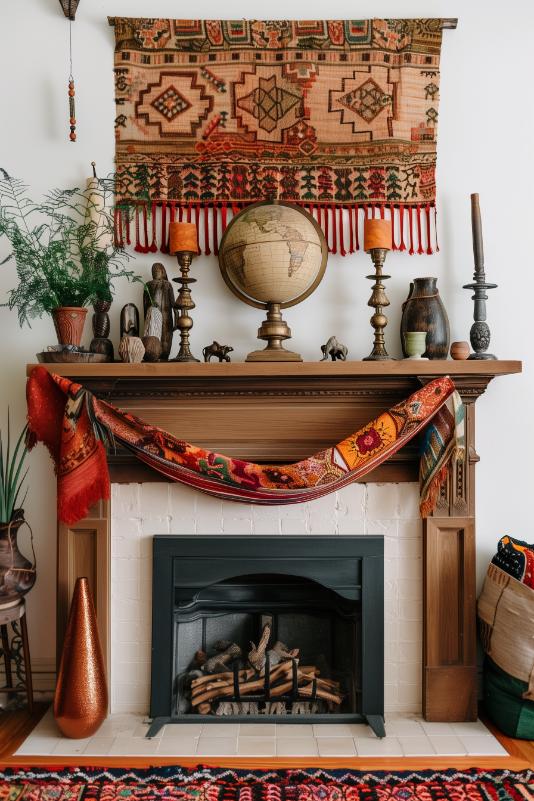 Boho-Chic at its best is the wooden coat with bright and lively fabrics from all over the world and eclectic decorative objects such as figures, rustic candlestick and an ancient globe.