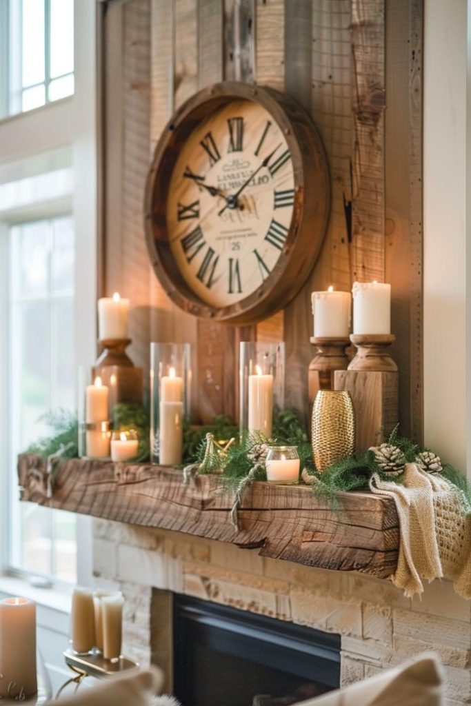 This wooden coat is inspired by the size of the Alpine Hodges and is created like a stunner, which is adorned with unique textures and cozy, earth -colored accents such as a golden coat clock, candles in glass vessels and a structured woolen runner.