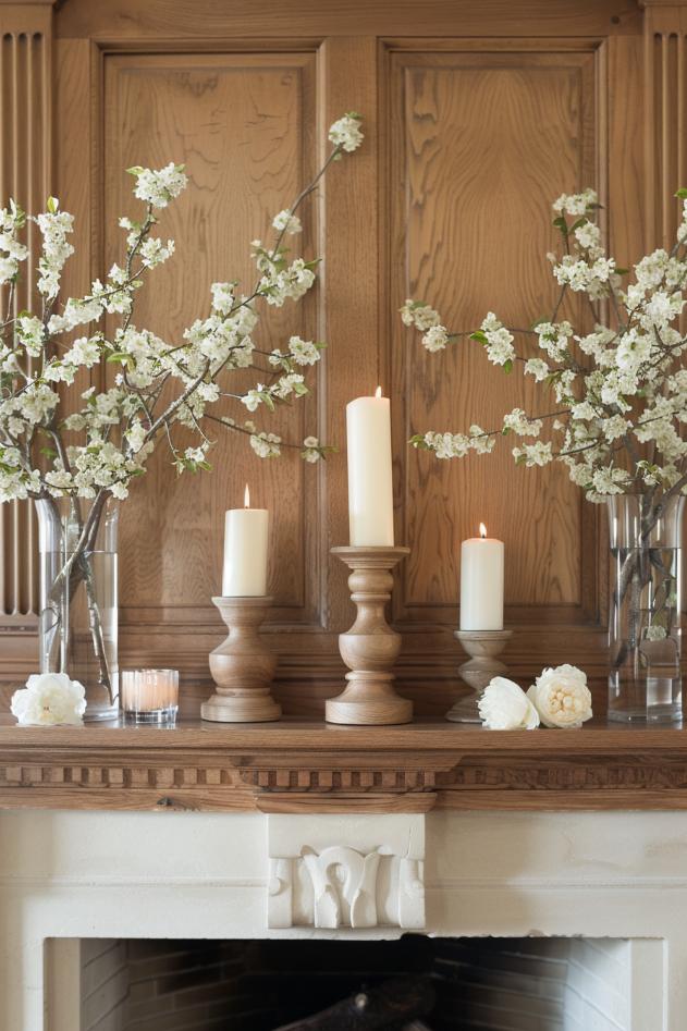 A stately wooden coat stops symmetry with a balanced decor, including candle holders with cream cersions and matching vases that are filled with <a href=