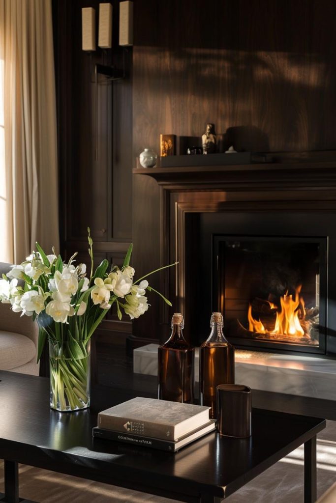 The dark -colored wood of this coat provokes a feeling of the dramatic flair when he hugs the fireplace, which is improved by monochromatic decor for a hint of noir refinement. 