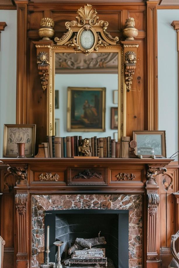 A baroque-inspired wooden fireplace and a coat impresses with its unique decorative elegance. 