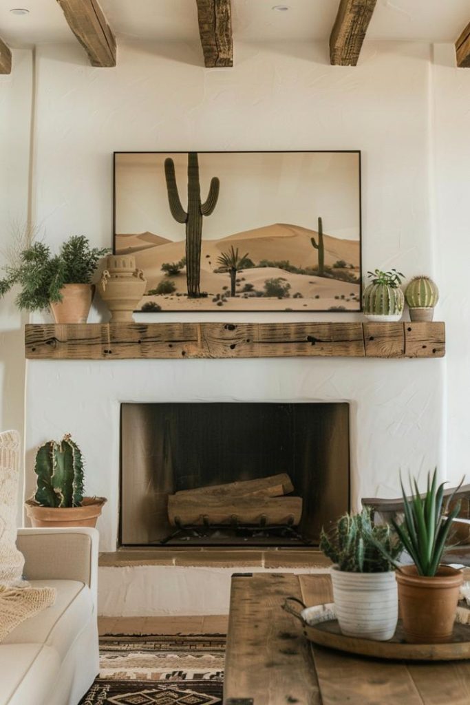 This wooden coat emphasizes the warm and earthy colors of the desert and becomes a fascinating expression of the southwestern spirit, which is adorned with a neutral, moving sand art and cactus arrangements that cause a feeling of natural beauty and rustic charm. 