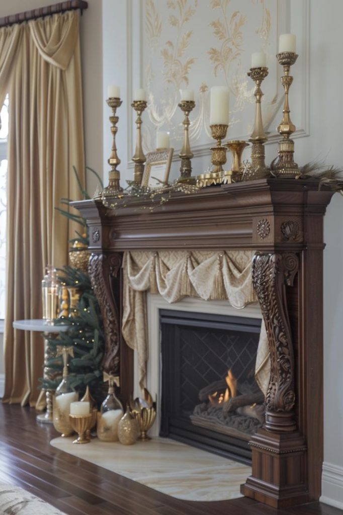 The decorated and commanding shelf Wood coat is even more special, occupied with golden accents such as a luxurious runner, breathtaking golden candle holders with long white candles and artistic gold photo frames.