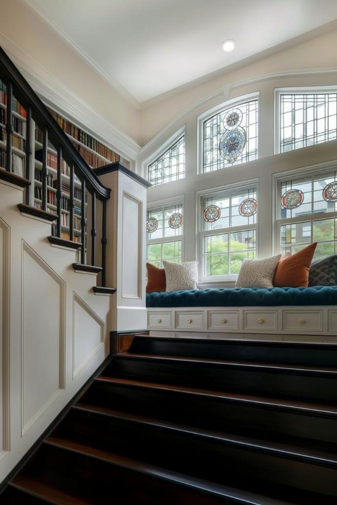 A plush office ensures a luxurious and comfortable corner on this stair landing, which is perfect for a quick sitting between elegant gold comfort and style.