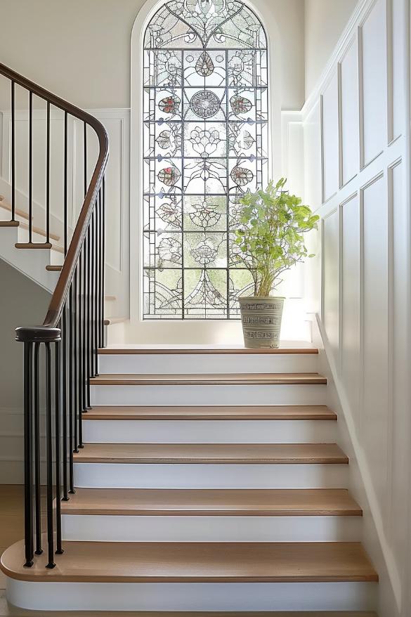 A wooden staircase with white risers and black railings leads to a landing with a potted plant under a arched glass window.