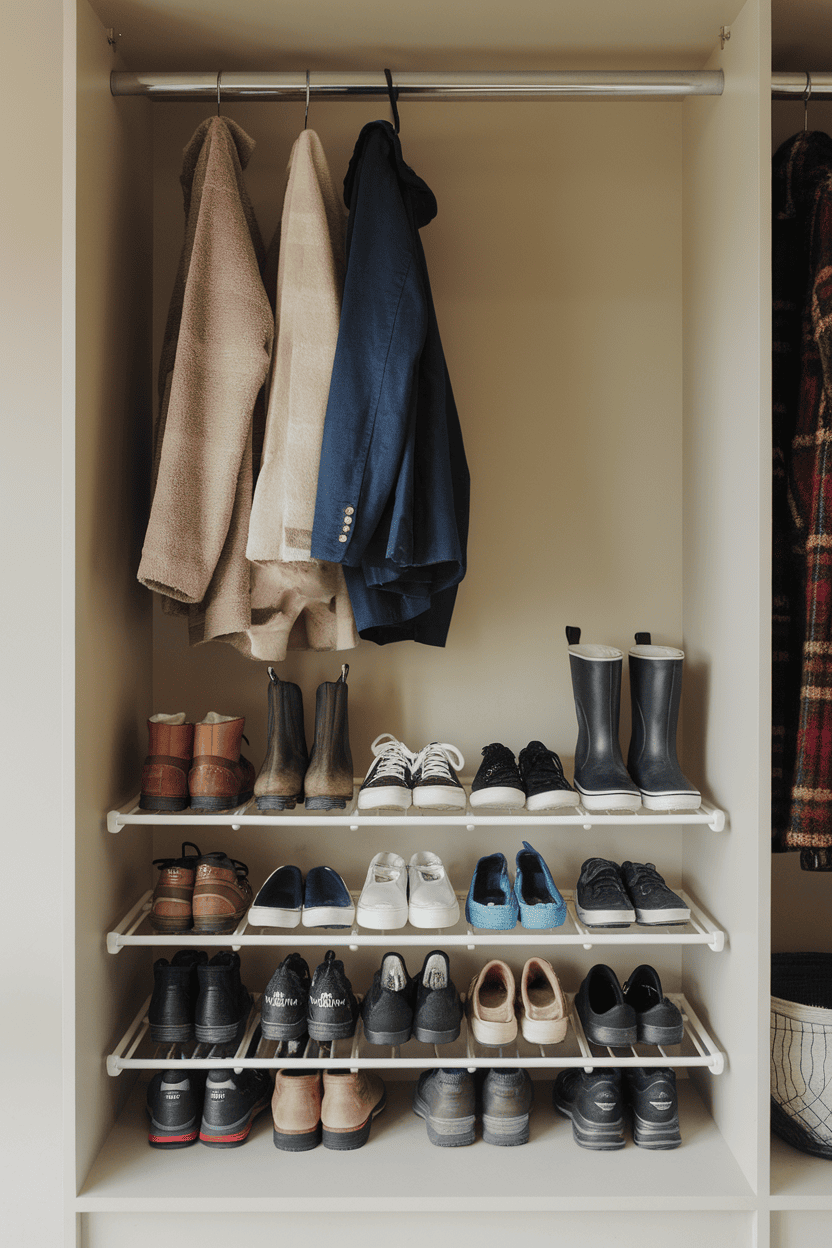 A mudroom cabinet with jackets hanging on a bar and organized a variety of shoes organized on the shelves.