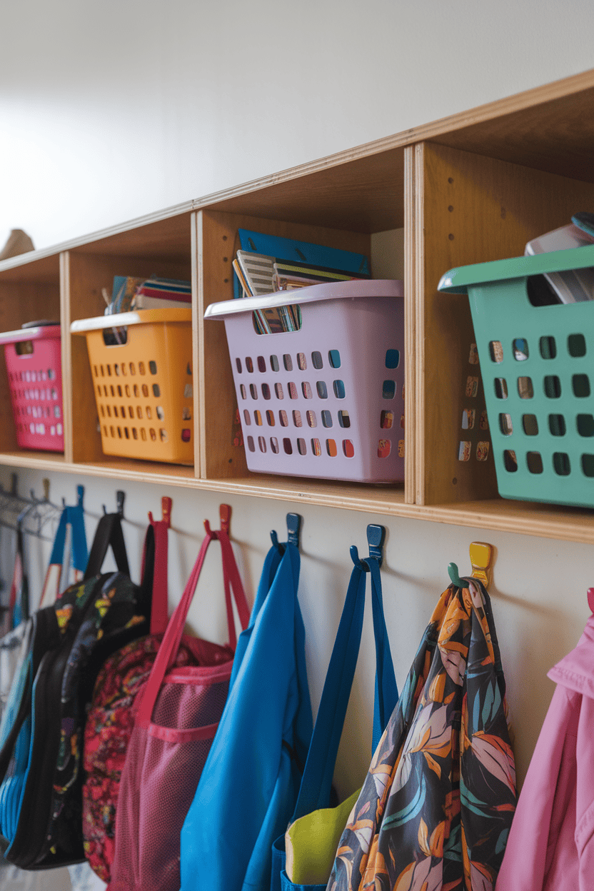 A mudroom with open cubbies with colorful baskets and hooks for bags and jackets.