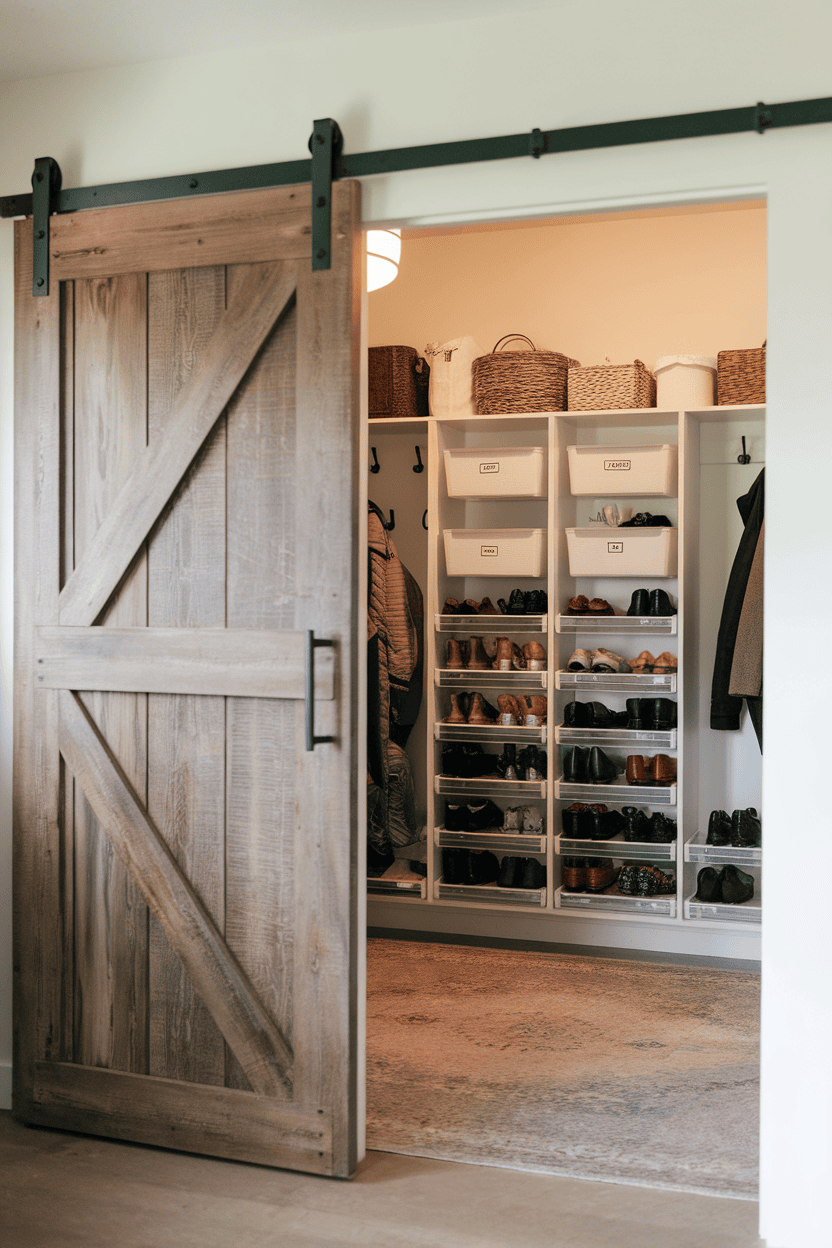 A sliding door sludge cabinet with a wooden door, organized shelves with shoes and baskets and hooks for coats.