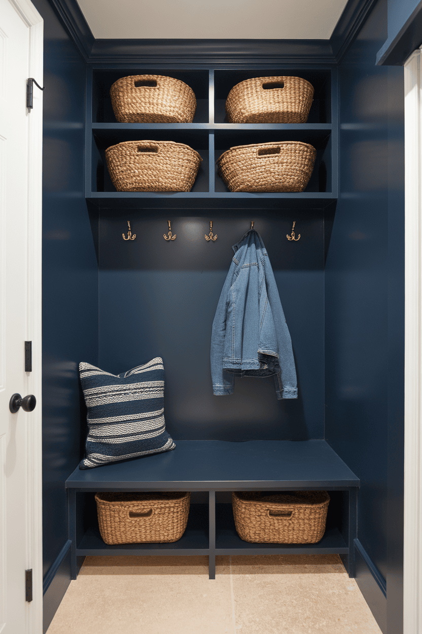 Small Space Mudroom Closet Nook with blue walls, woven baskets, hooks and a bank.