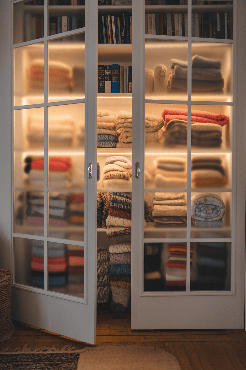 A glass door sludge cabinet filled with properly folded ceilings and books