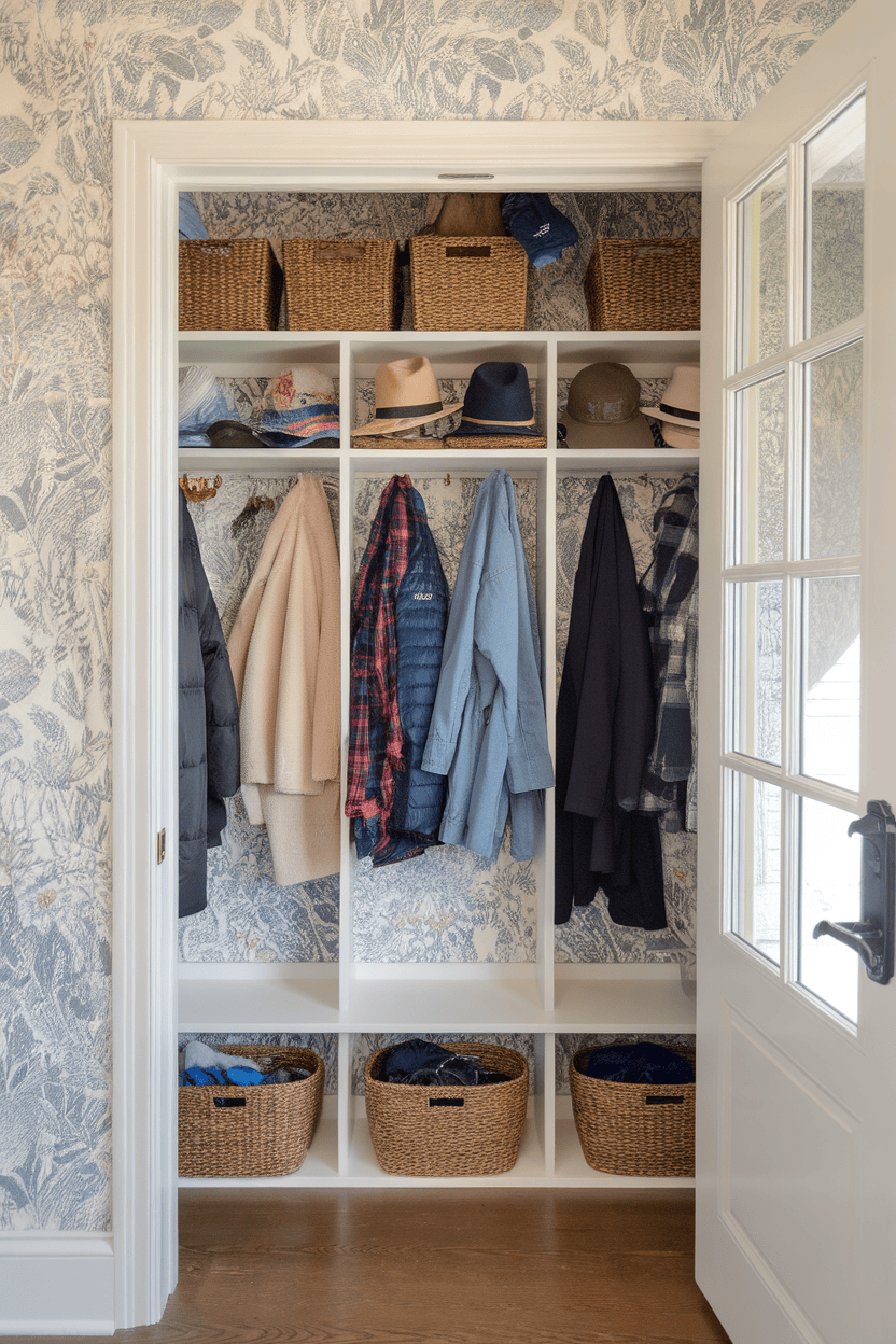 A stylish mudroom wardrobe with wallpapers with coats, hats and storage baskets.