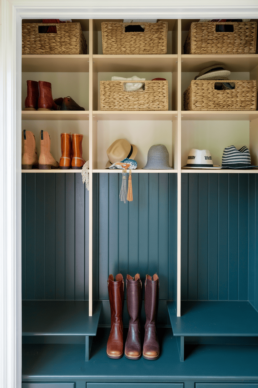 A two-tone mutroom wardrobe with dark green tunes and light shelves with storage baskets and properly arranged boots.