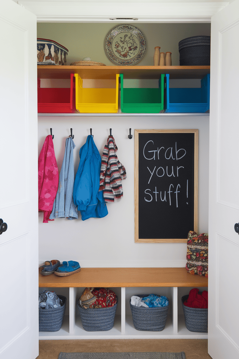 A colorful and organized child-friendly mudroom wardrobe with hooks for jackets, trash cans for storage and a board.