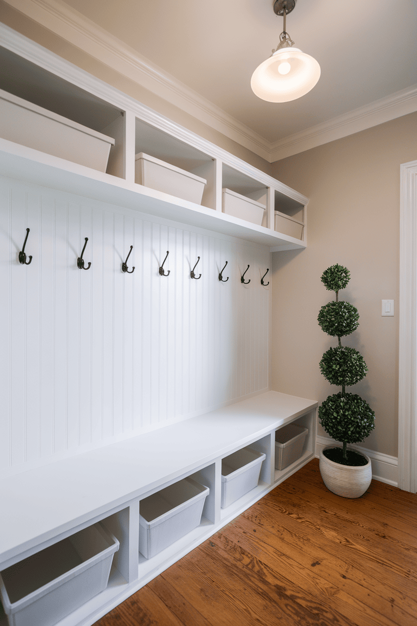 Heller and spacious minimalist mudroom wardrobe with hooks and storage tanks