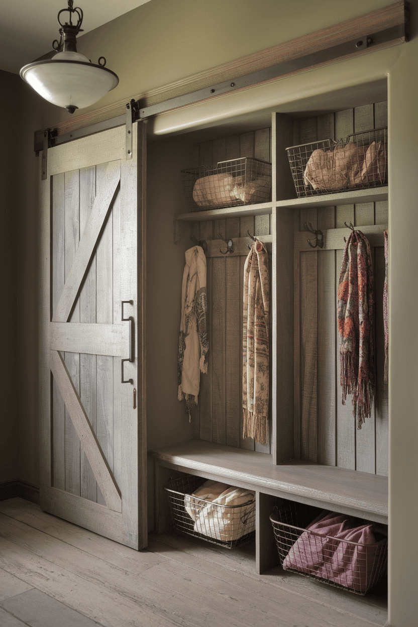 A vintage-inspired mudroom wardrobe with a barn door, wooden shelves and wire baskets.