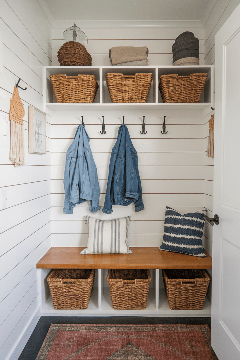 Rustic farmhouse Mudroom Closet with ship walls, woven baskets and hooks for jackets.