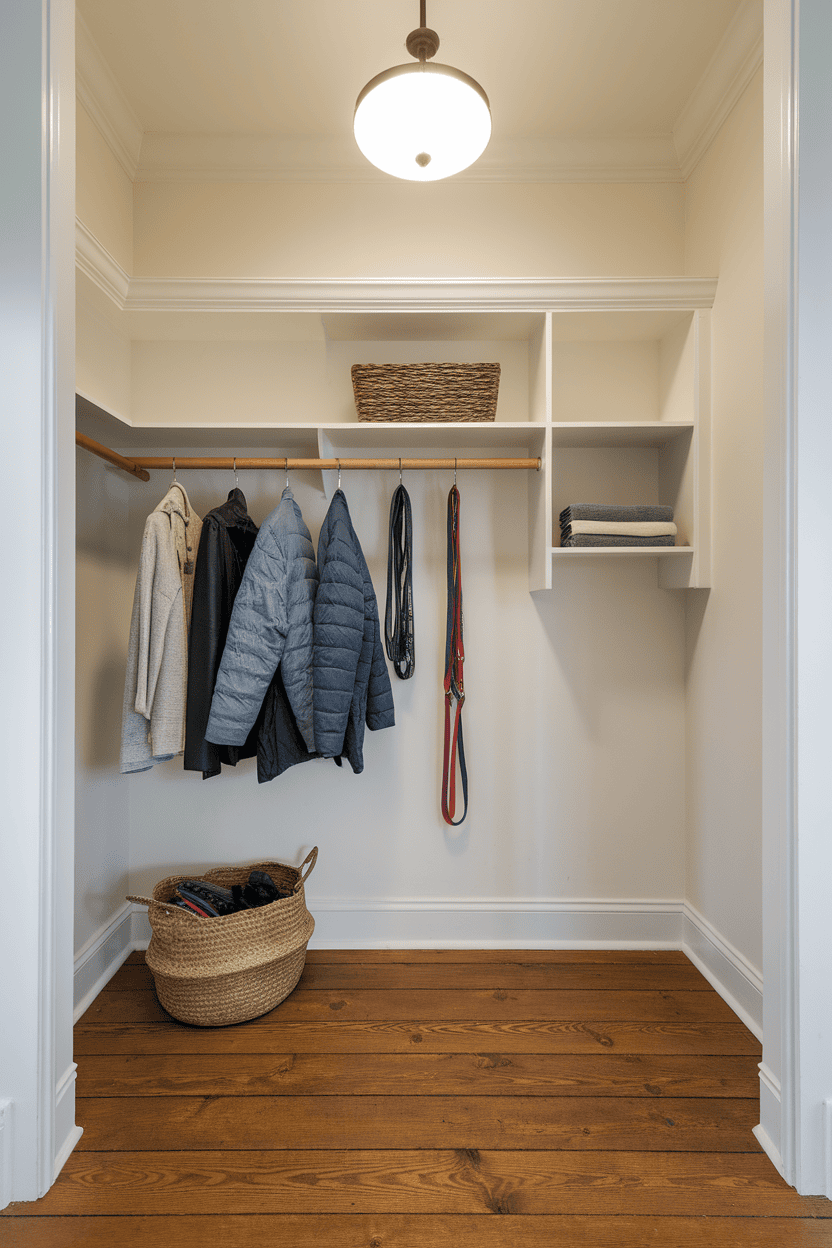 A clean and organized mudroom wardrobe with hanging layers, lines on hooks and storage baskets on the shelves.