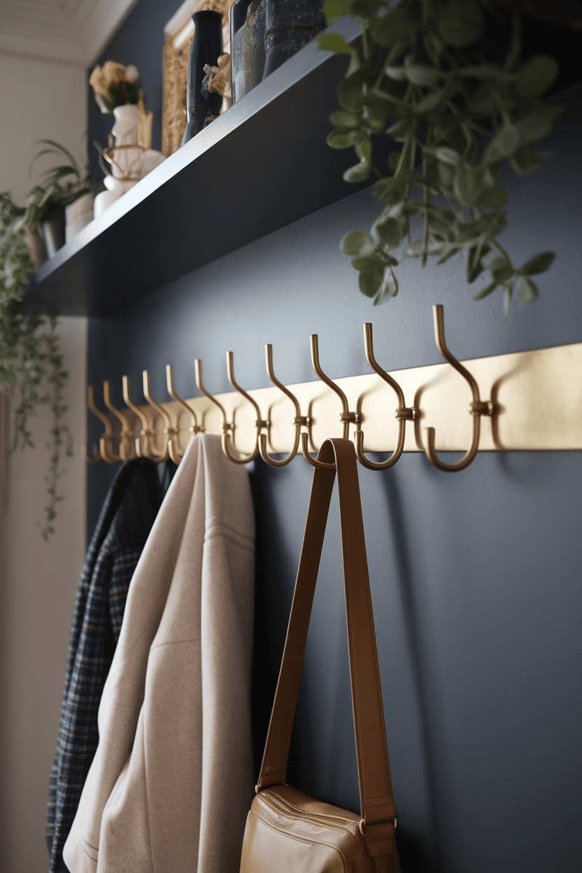 A stylish mud room with gold -mounted hooks for organization with layers and bags hang properly.