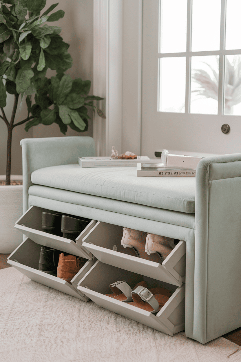 A mint -colored storage bench with hidden compartments for shoes that are placed near a door.