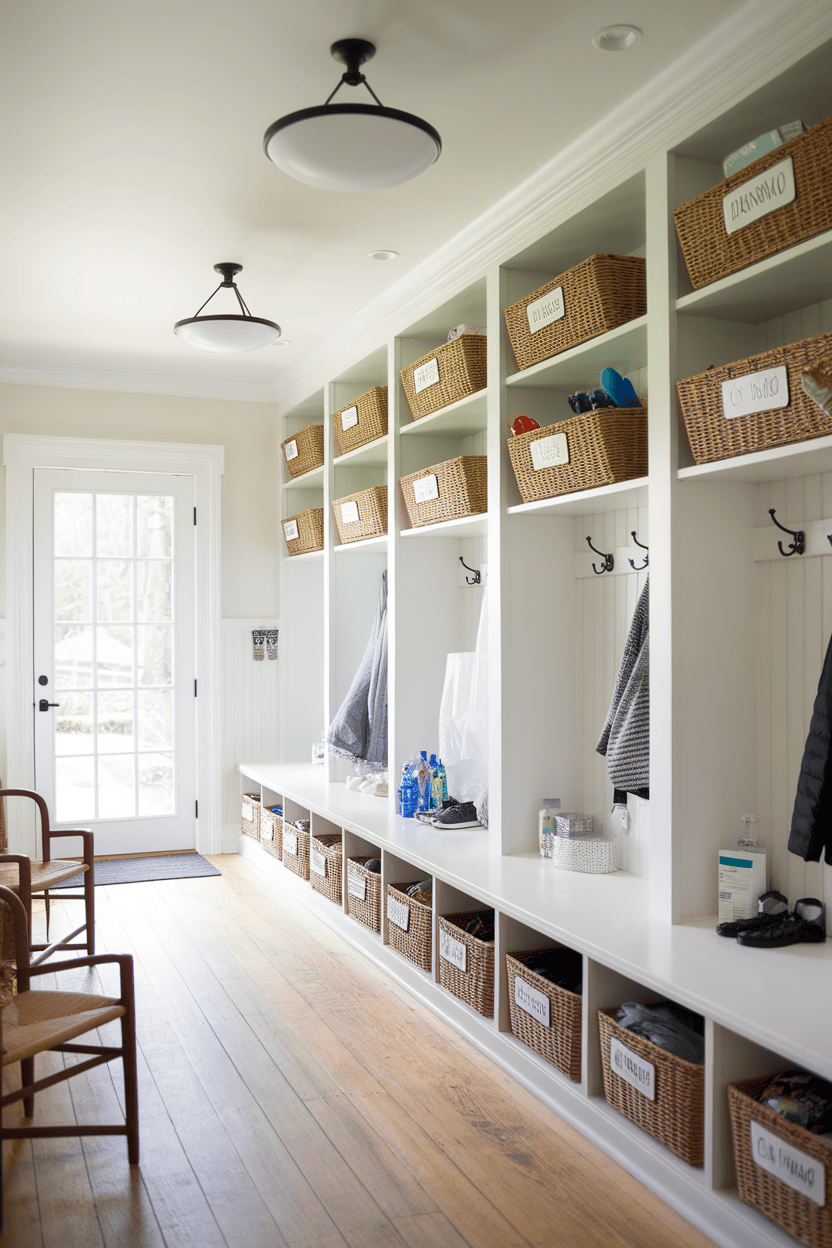 A mud room with overhead storage shelves with labeled baskets, hooks for coats and a decent layout.