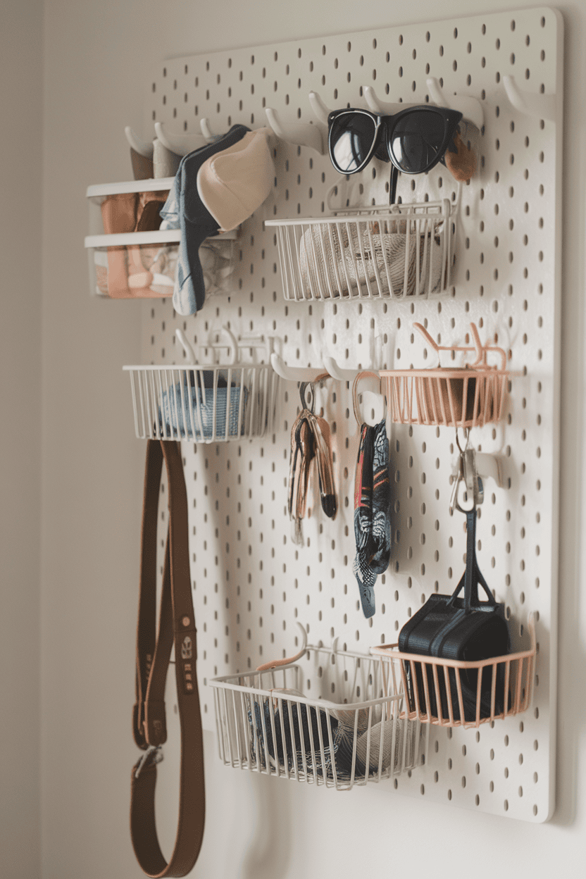 A PEGboard command center in a mutroom with baskets and hooks for the organization.