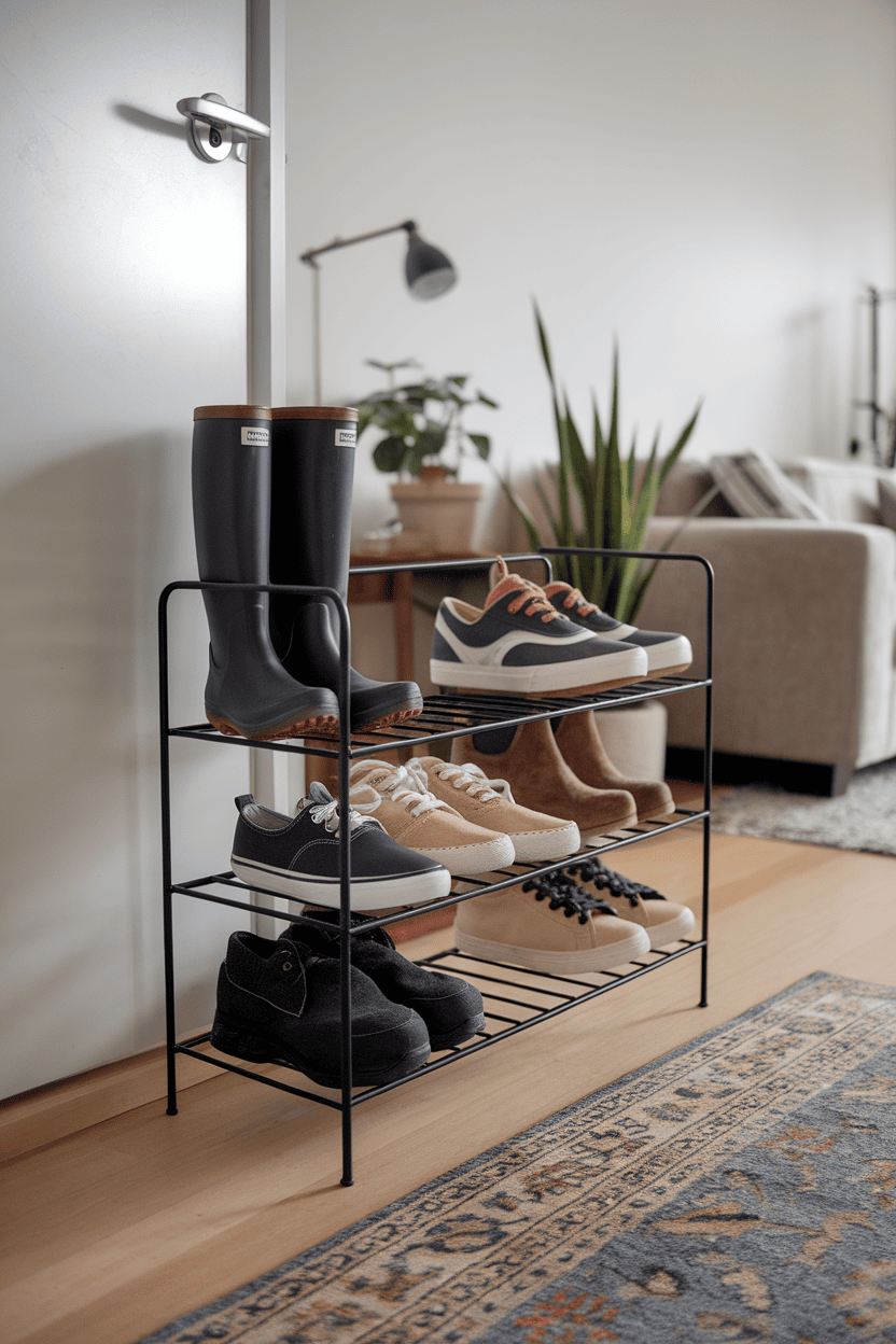 A modern shoe shelf with different shoes and boots organized by the door.