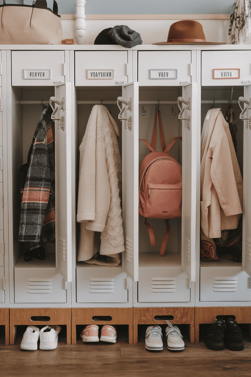 Lock compartments in a mud room with coats, backpacks and shoes that are organized inside.