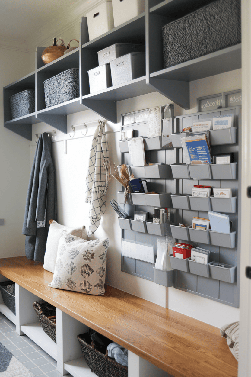 Organized mud room with wall mounted mail organizer and warehouse basket