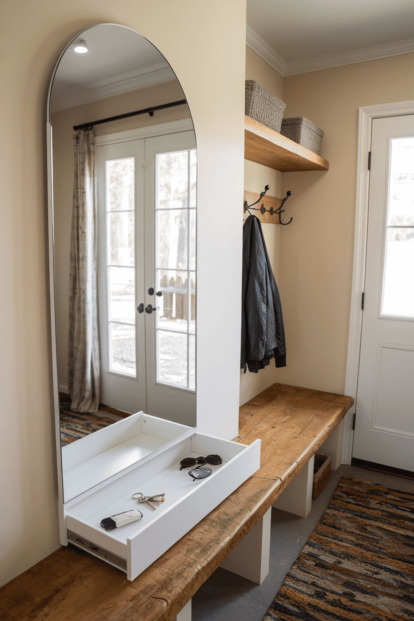 A mud room with a arched mirror with hidden storage, a wooden bench and a few hooks.