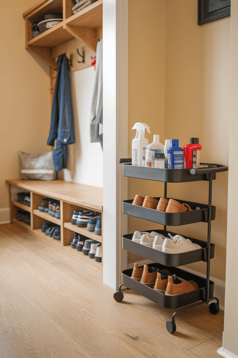 A black trolley with cleaning agents and shoes that is positioned in a cozy mud room