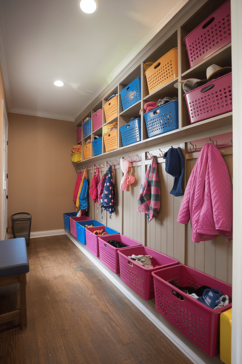 A colorful mud room with baskets and hooks for the organized memory.