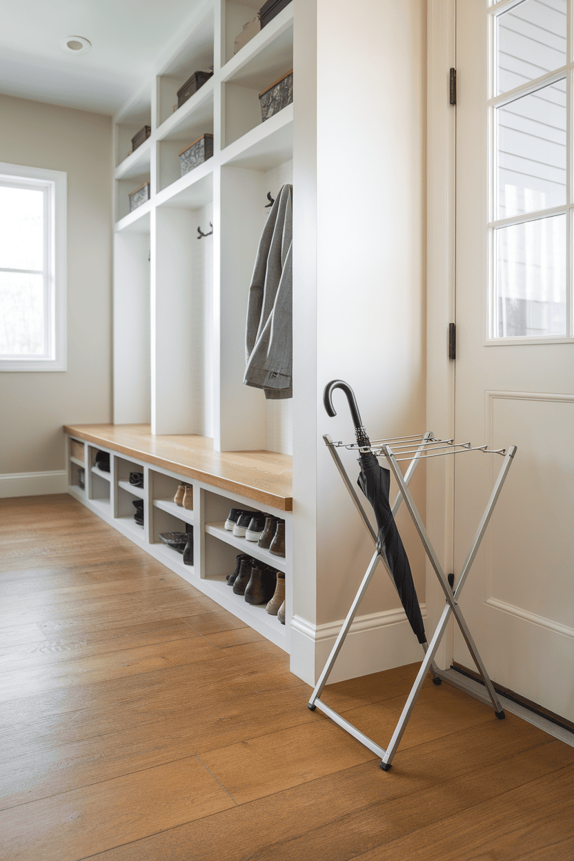 A neatly organized mutroom with a drought for wet equipment with hooks for jackets and a sunny door.