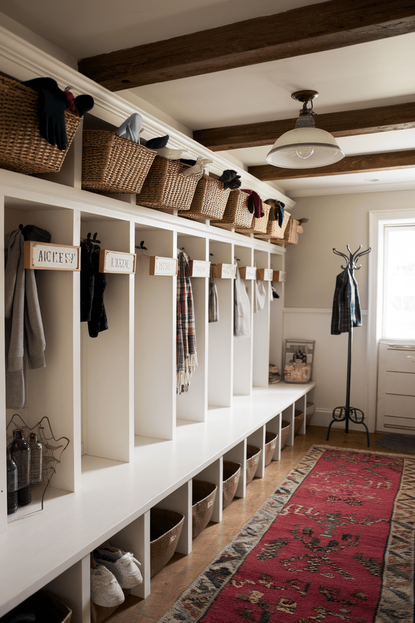 A well-organized Mudroom farmhouse with cubby storage, labeled sections, woven baskets and a cozy carpet.