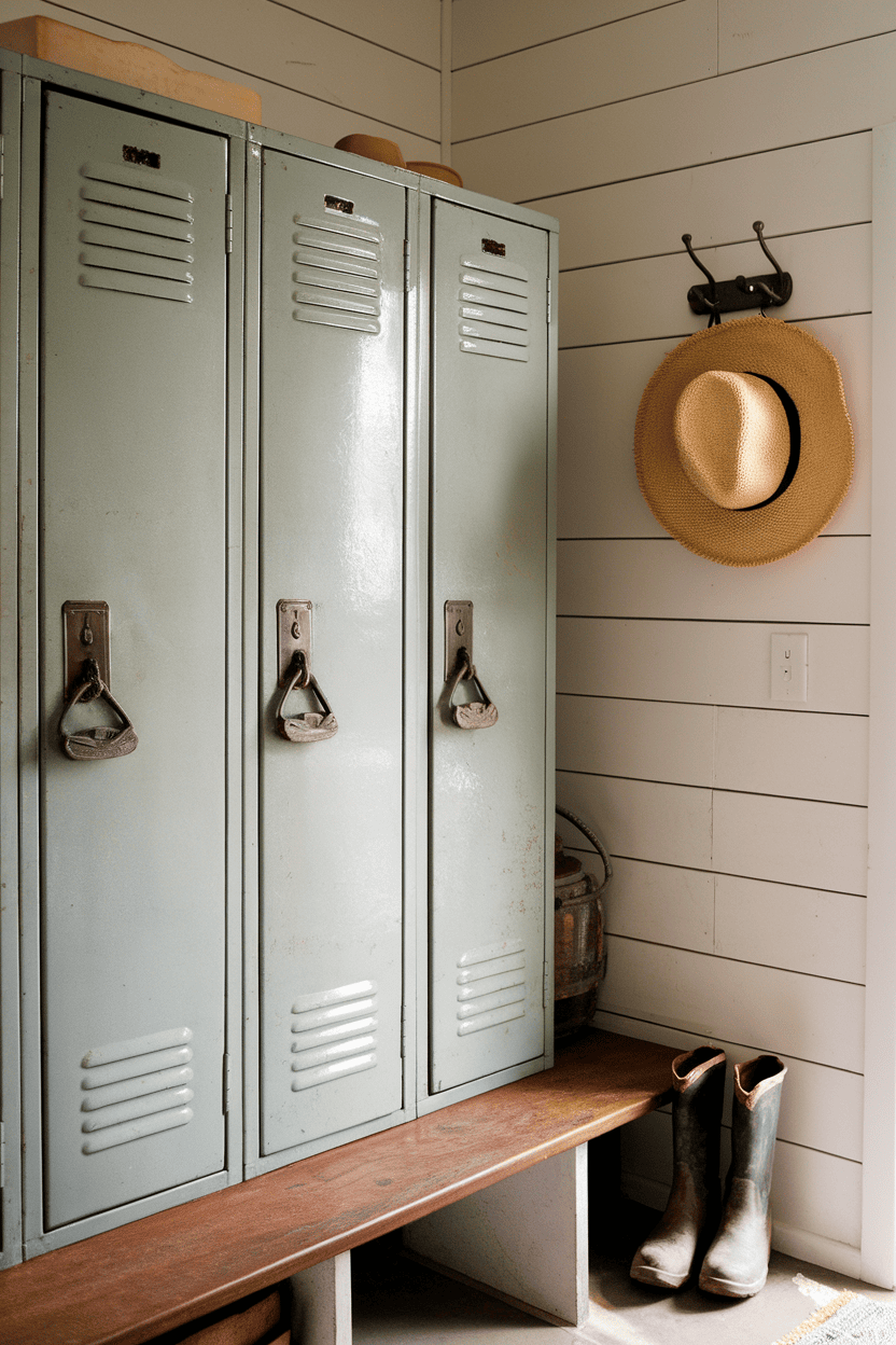 Vintage loose-inspired storage in a farmhouse mudroom with hat and boots