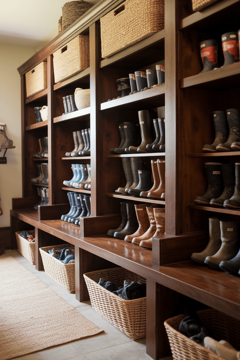 Rustic wooden shelves in a farmhouse mdroom and showed various pairs of boots and basket baskets for additional storage.