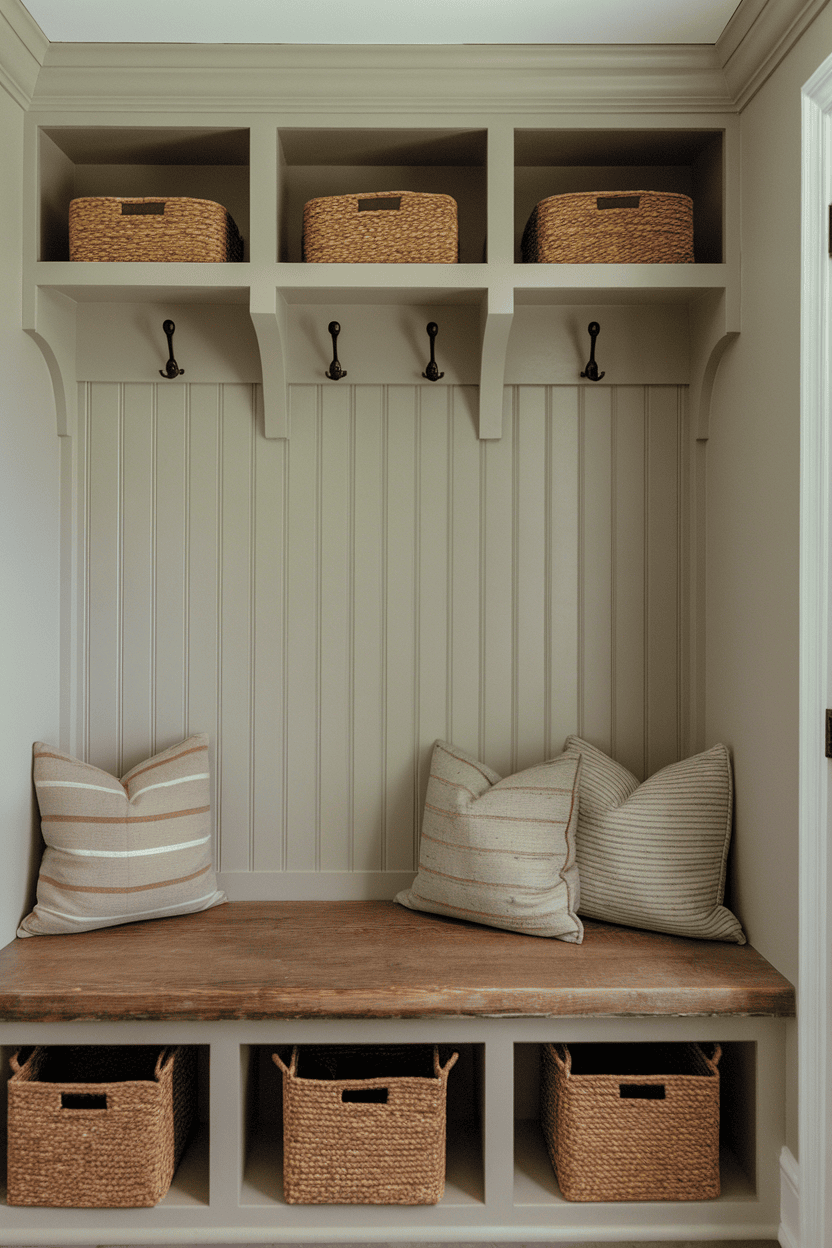 A Mudroom farmhouse with a bank with hidden storage, woven baskets and hooks on the wall