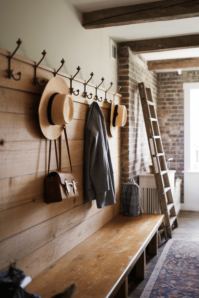 A rustic farmhouse sludge room with decorative hooks with hats, a coat and a bag as well as a wooden bench.