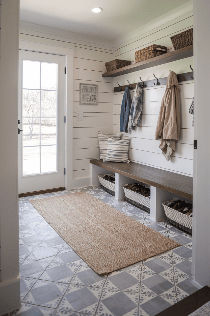 A bright farmhouse mdroom with patterned tile floors, a wooden bench and hook for coats.